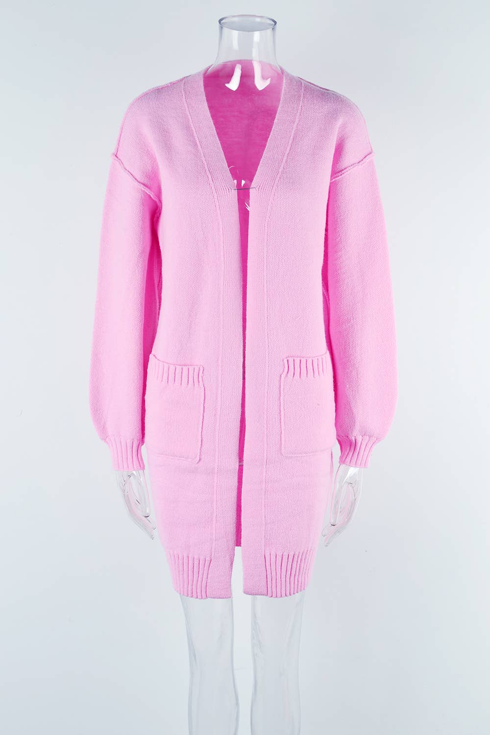 KNIT SOLID POCKET LONG FASHION SWEATER JACKET