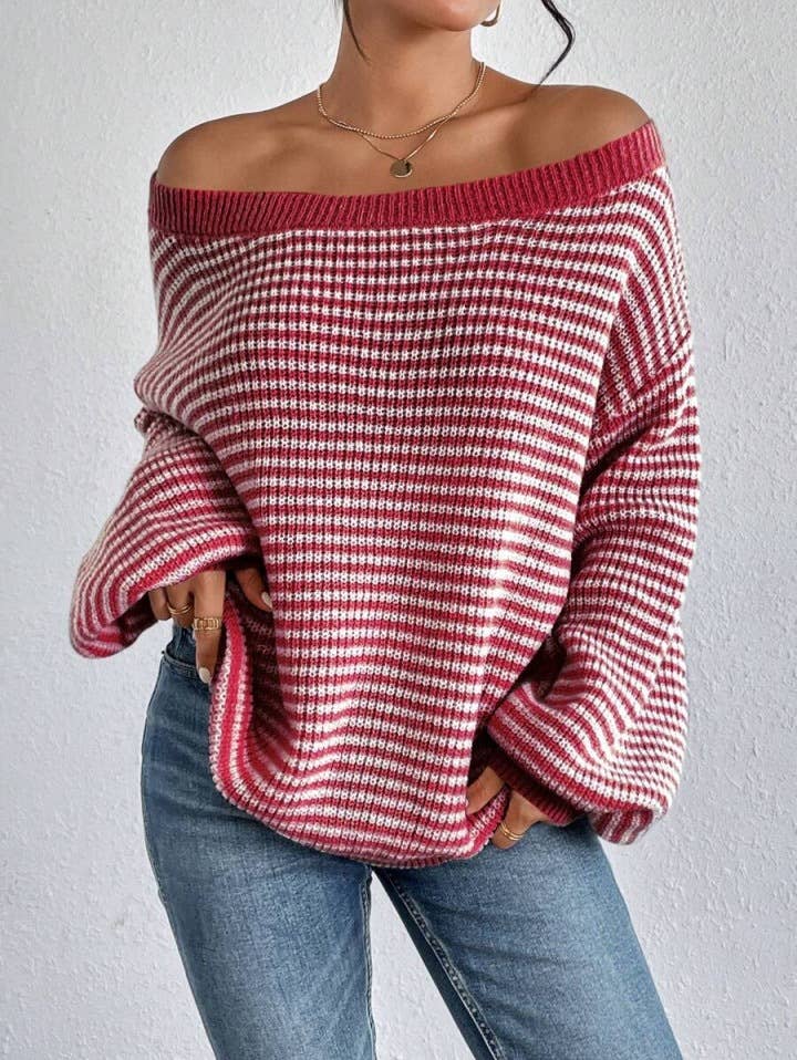 Striped off-the-shoulder sleeve knitted sweater