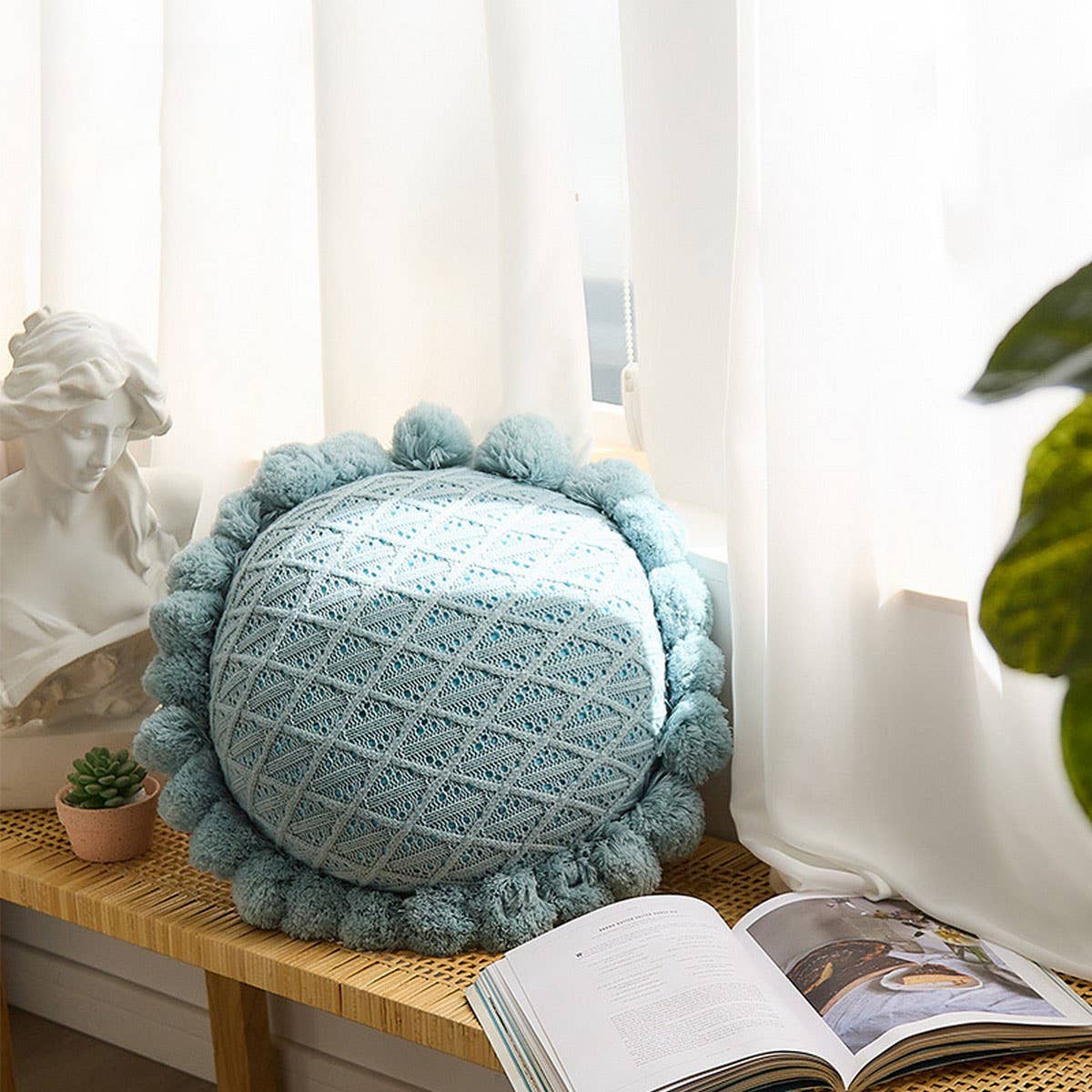 SOLID COLOR ROUND WOOL BALL KNITTED THROW PILLOW_CWMM2365