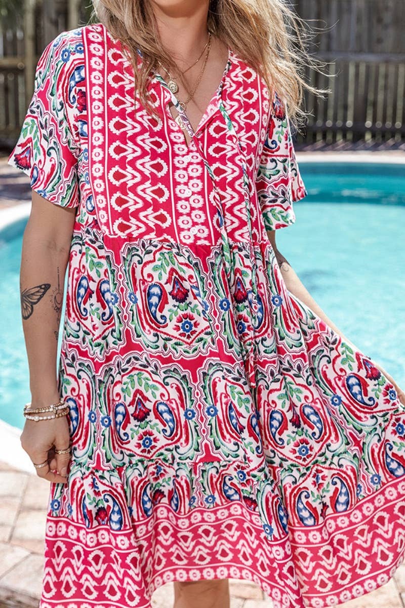 CWDSD4887_V-NECK SHORT SLEEVE BOHO PRINT DRESS SHORT