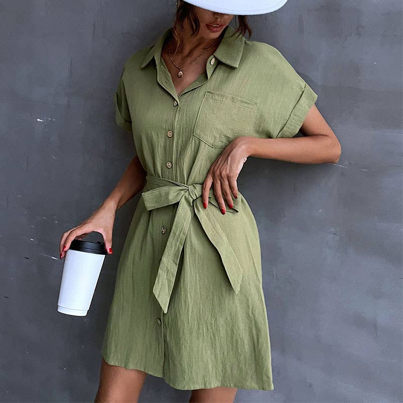 Lace-up short sleeve shirt cotton linen dress