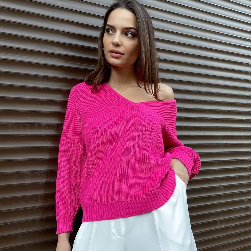 SLOUCHY SOLID COLOR V-NECK PULLOVER SWEATER LADY