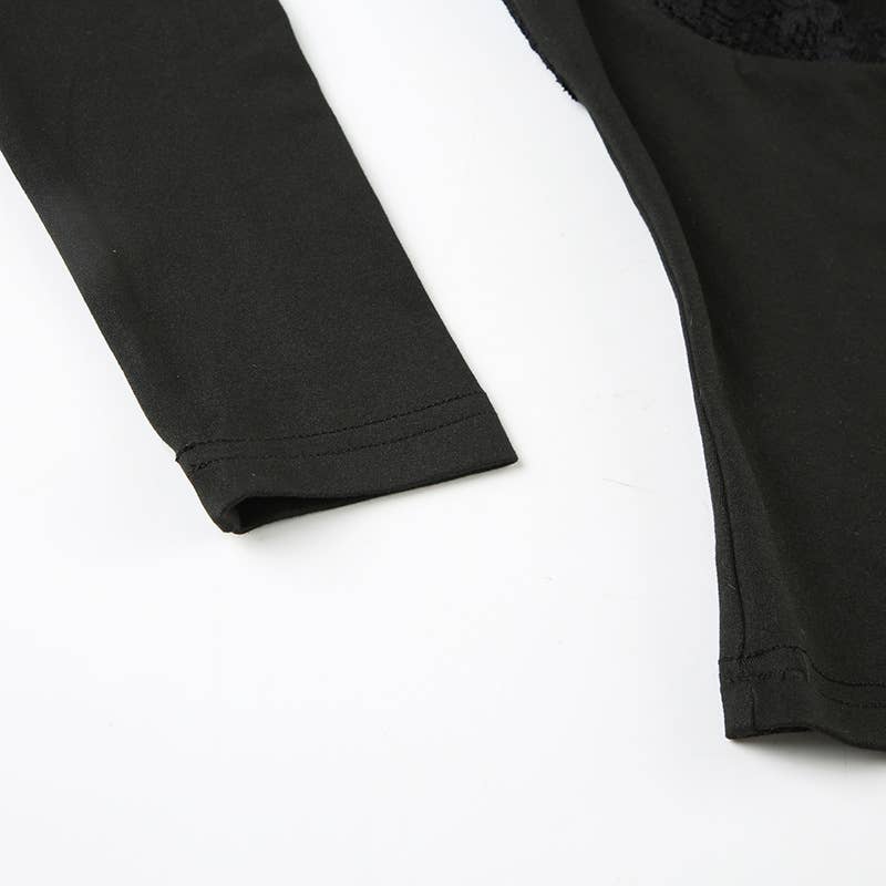 U-neck slim fit lace patchwork long sleeve Top