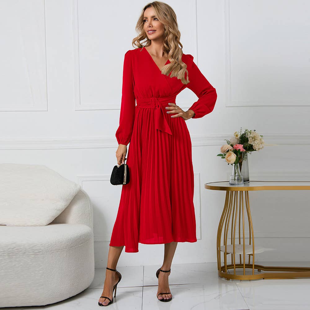 LONG SLEEVE PLEATED BELT SOLID COLOR V-NECK DRESS