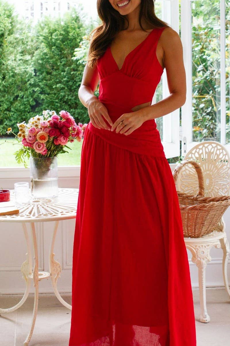 CWDMD5647_V-NECK SLEEVELESS COLORBLOCK MAXI FLARE DRESS