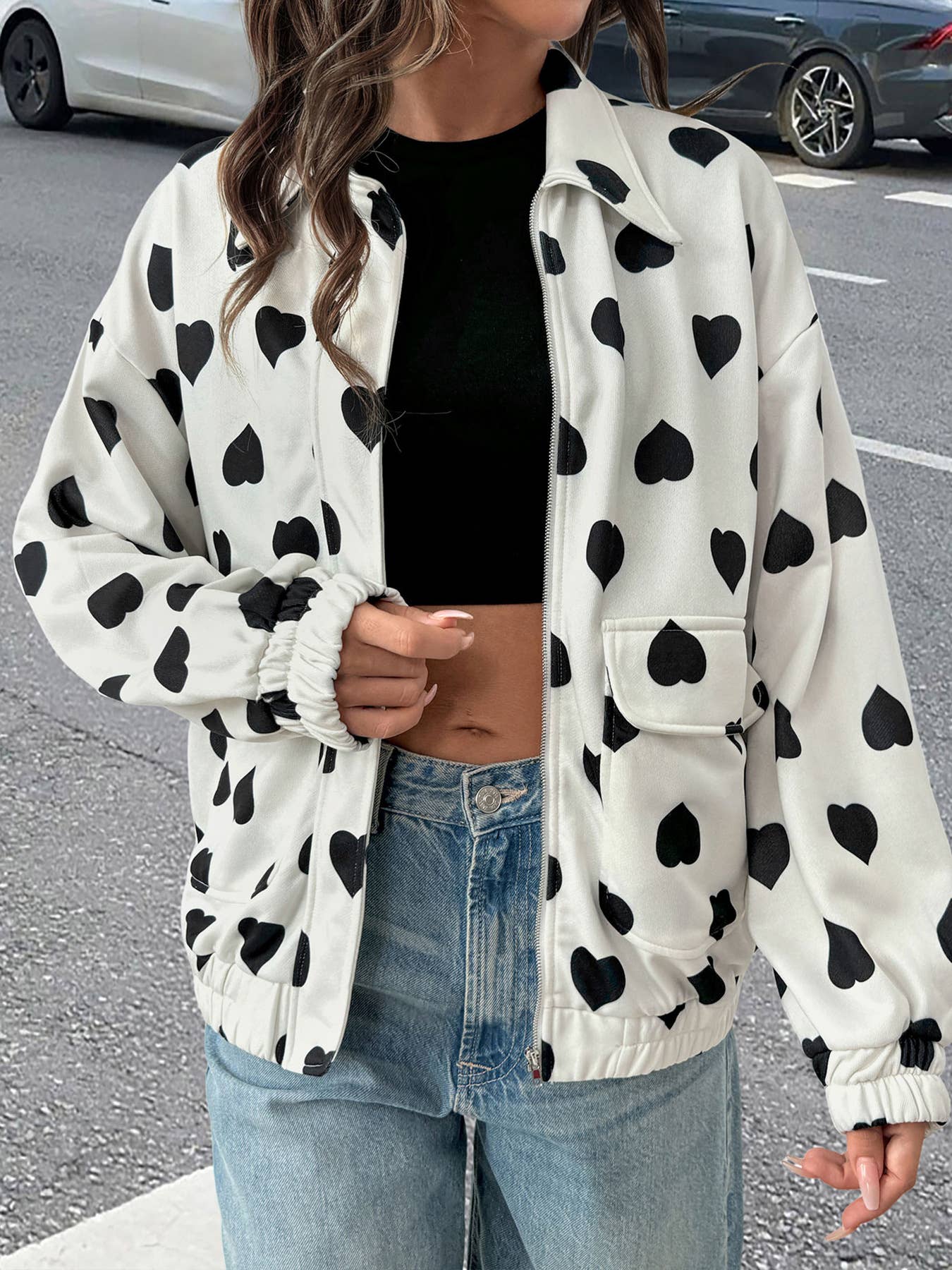 Street casual zipper lapel heart-shaped coat