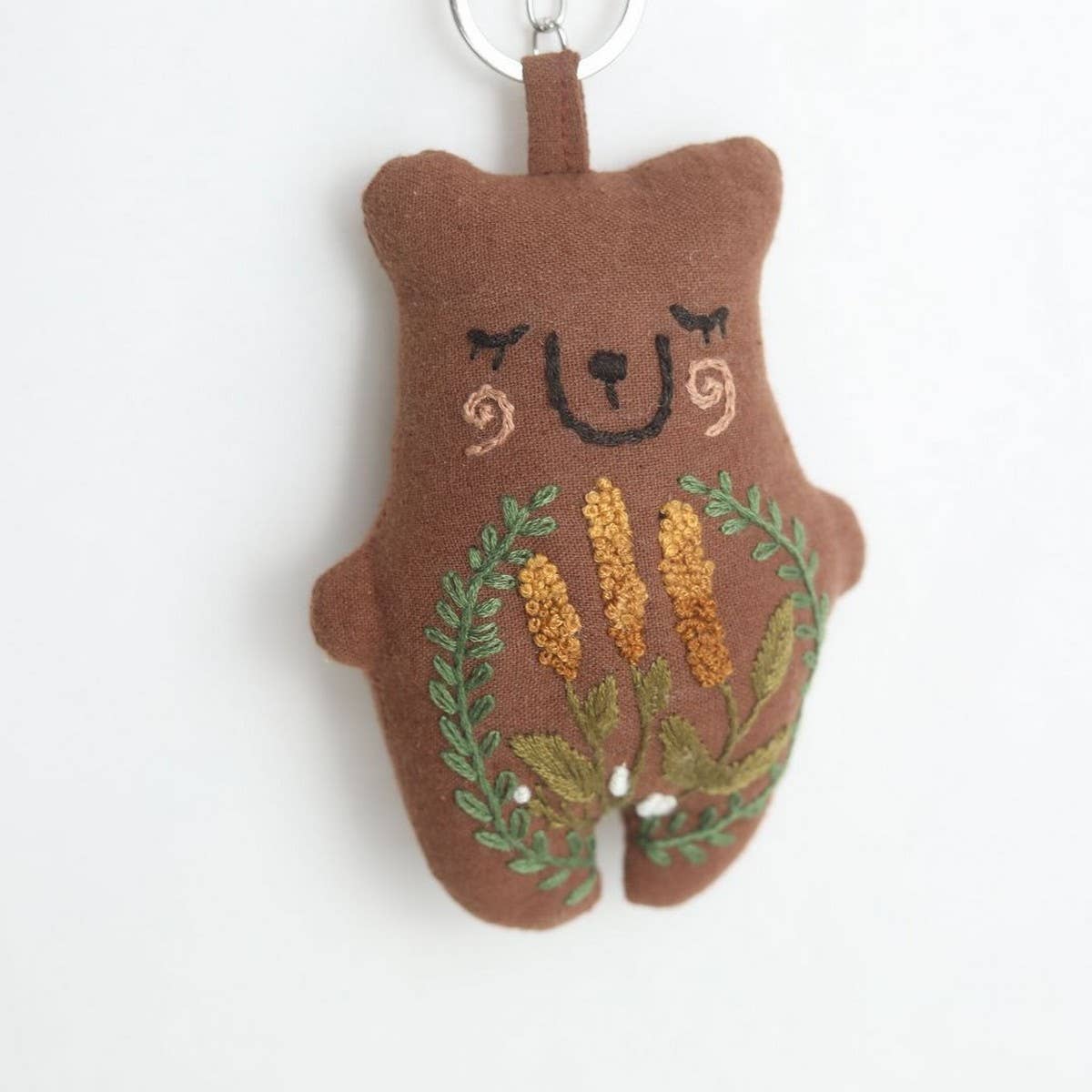 Hand-Embroidered Wheat Flower Bear Plush Charm