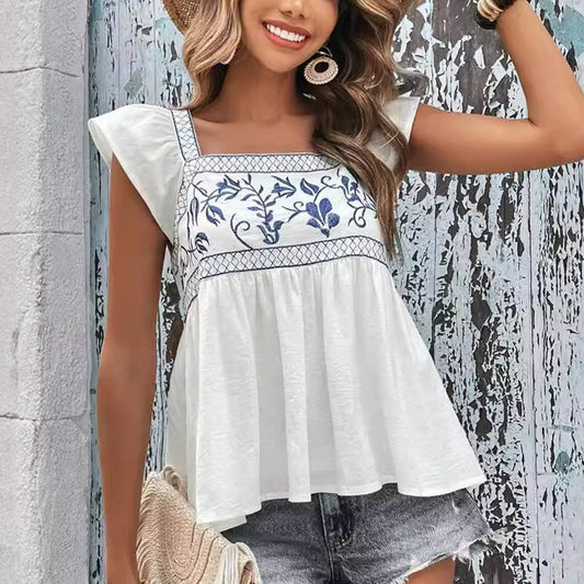 LACE-UP SQUARE COLLAR FLY-SLEEVE RUFFLED BLOUSE