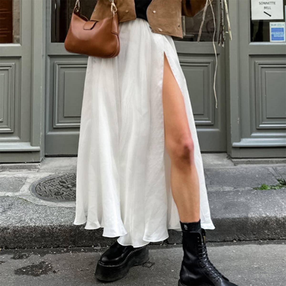 French style high waist slit midi skirt