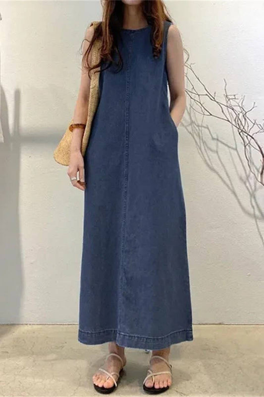 CWDMD3155_ROUND NECK SLEEVELESS POCKET DENIM ROBE DRESS