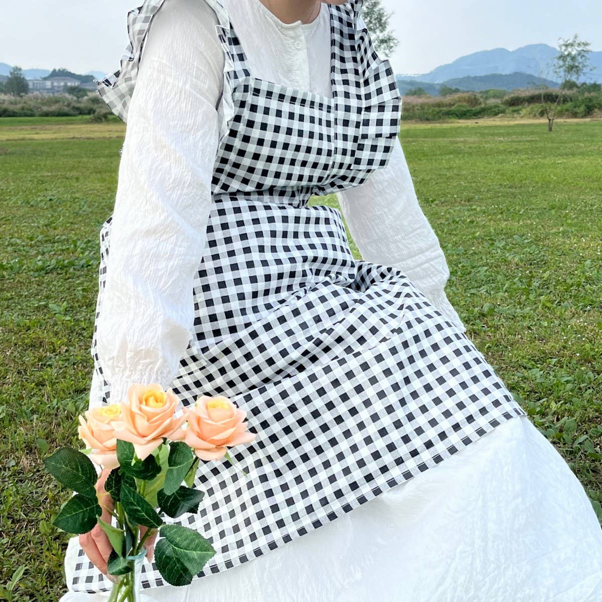 PLAID RUFFLE APRON CAFE GARDENING SMOCK APRON_CWMM5823