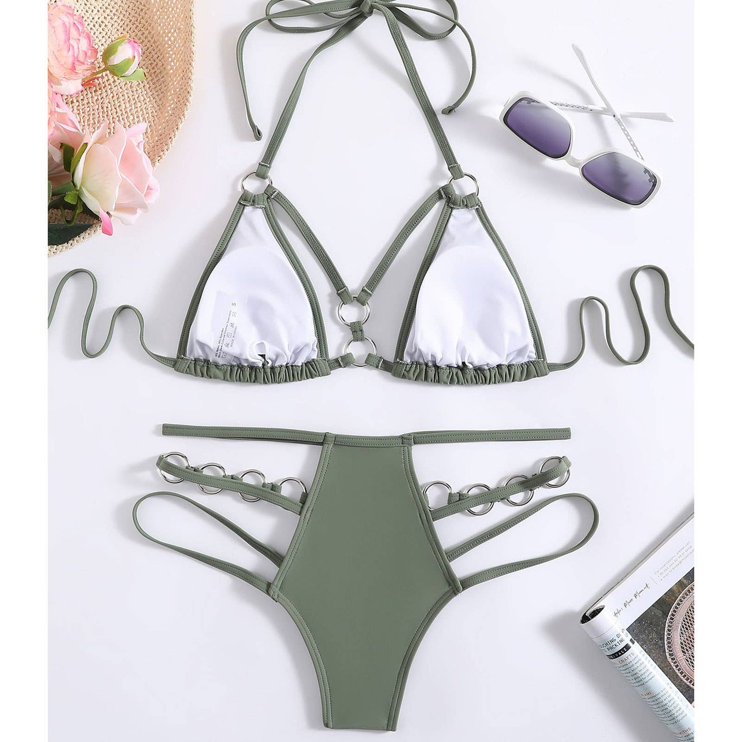 Metal Ring Bikini Set - Solid Color Swimsuit