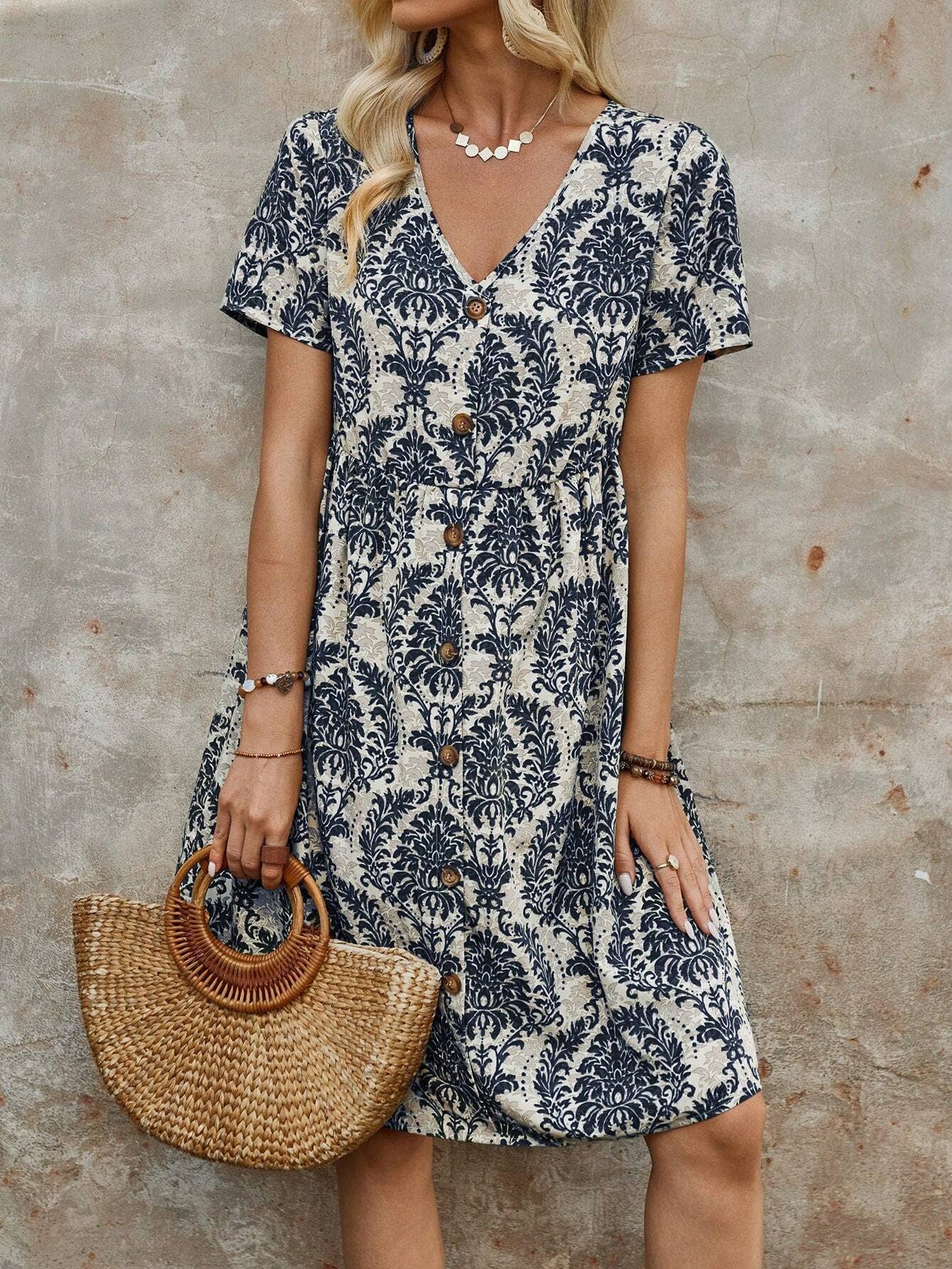 Printed V-neck loose dress