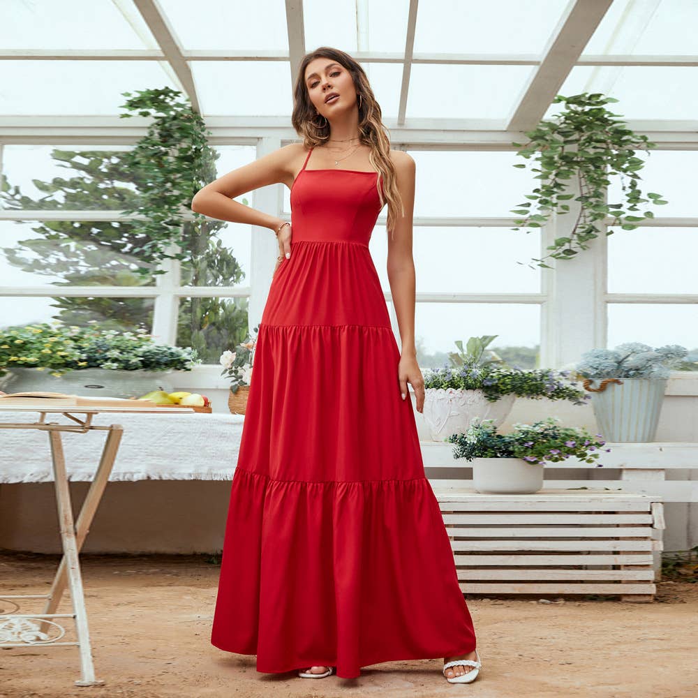 Waistband halter temperament swing long dress