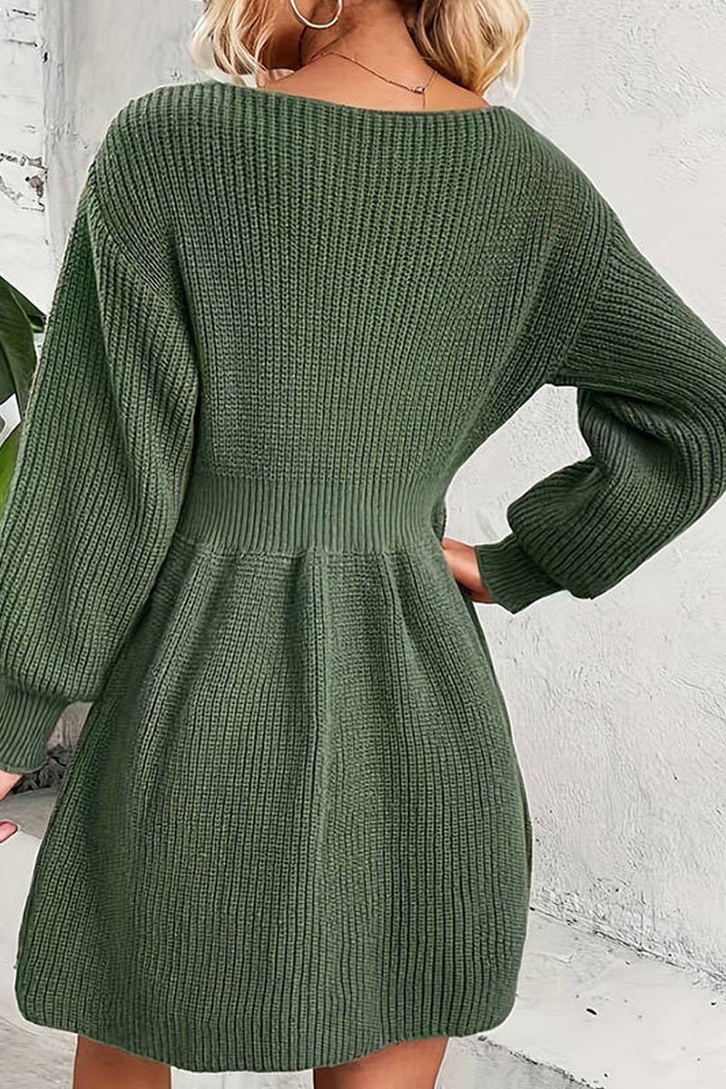 CWDSD7319_AUTUMN AND WINTER V-NECK PLEATED WAIST DRESS