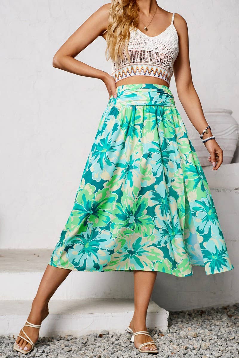 CWBMS0432_FLORAL RUCHED CASUAL SUMMER MIDI SKIRT