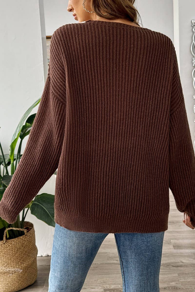 CWOSWL07340_WOMEN COLOR BLOCK V NECK LOOSE KNIT SWEATER