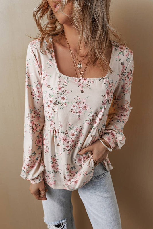 U-NECK FLORAL PRINT PLEATED LONG-SLEEVED TOP