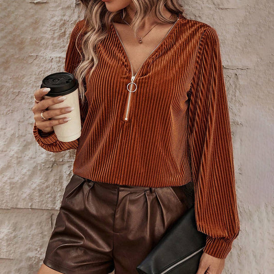 STYLISH ZIPPER SPLICING V-NECK PULLOVER FOR WOMEN