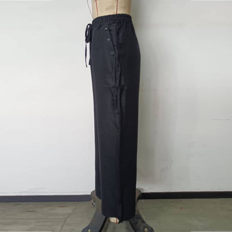 High Waist Elastic Straight Pants with Pockets