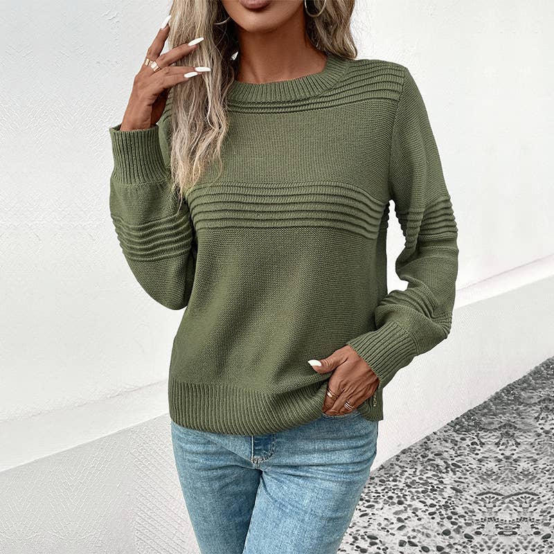 LONG SLEEVE SOLID COLOR CREW NECK STRIPED SWEATER