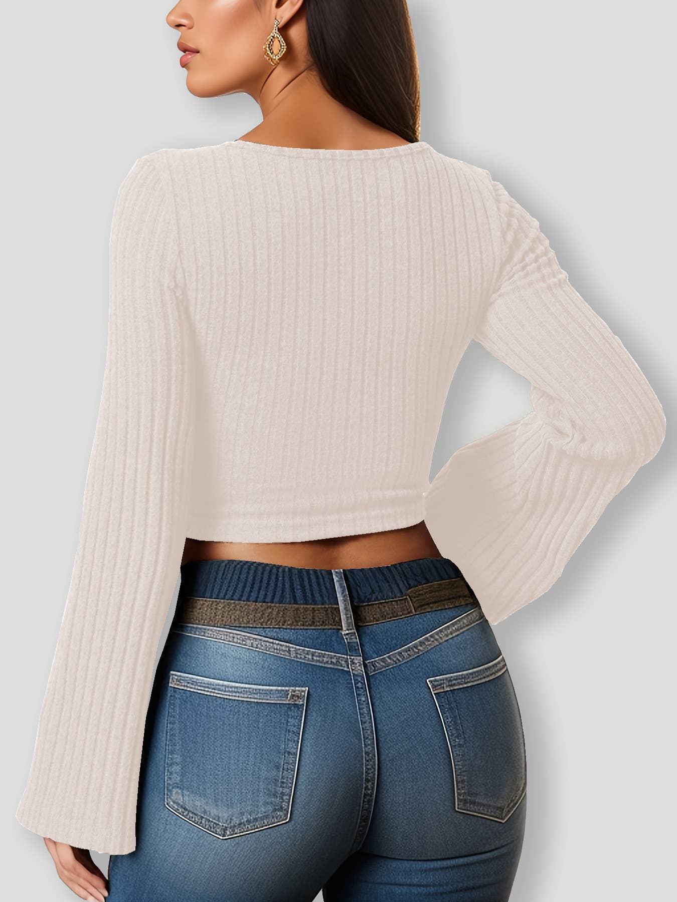SEXY SLIM  COLLAR SOLID COLOR FLARED SLEEVE TOP