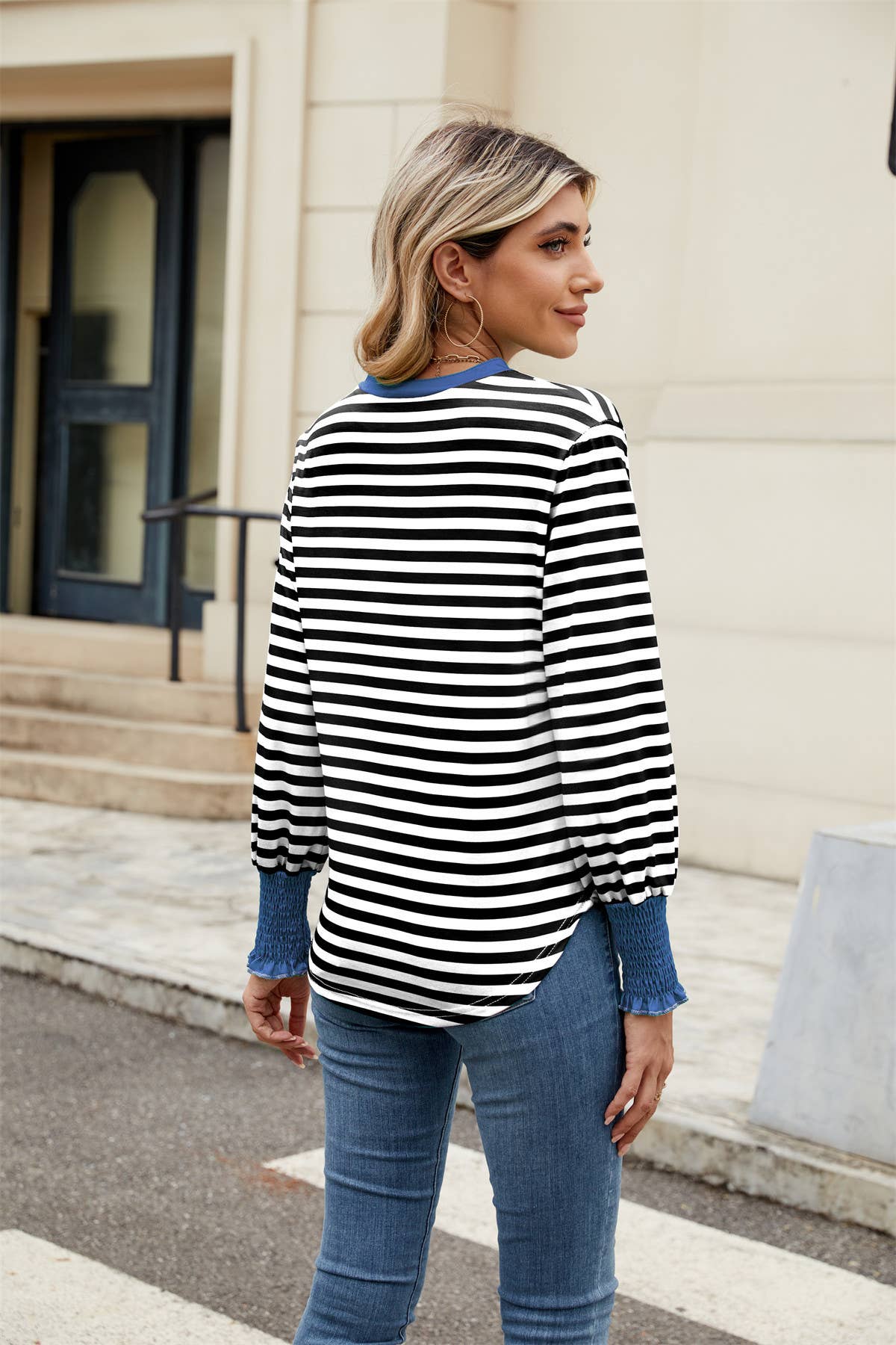 V-neck long-sleeved striped color-blocked top