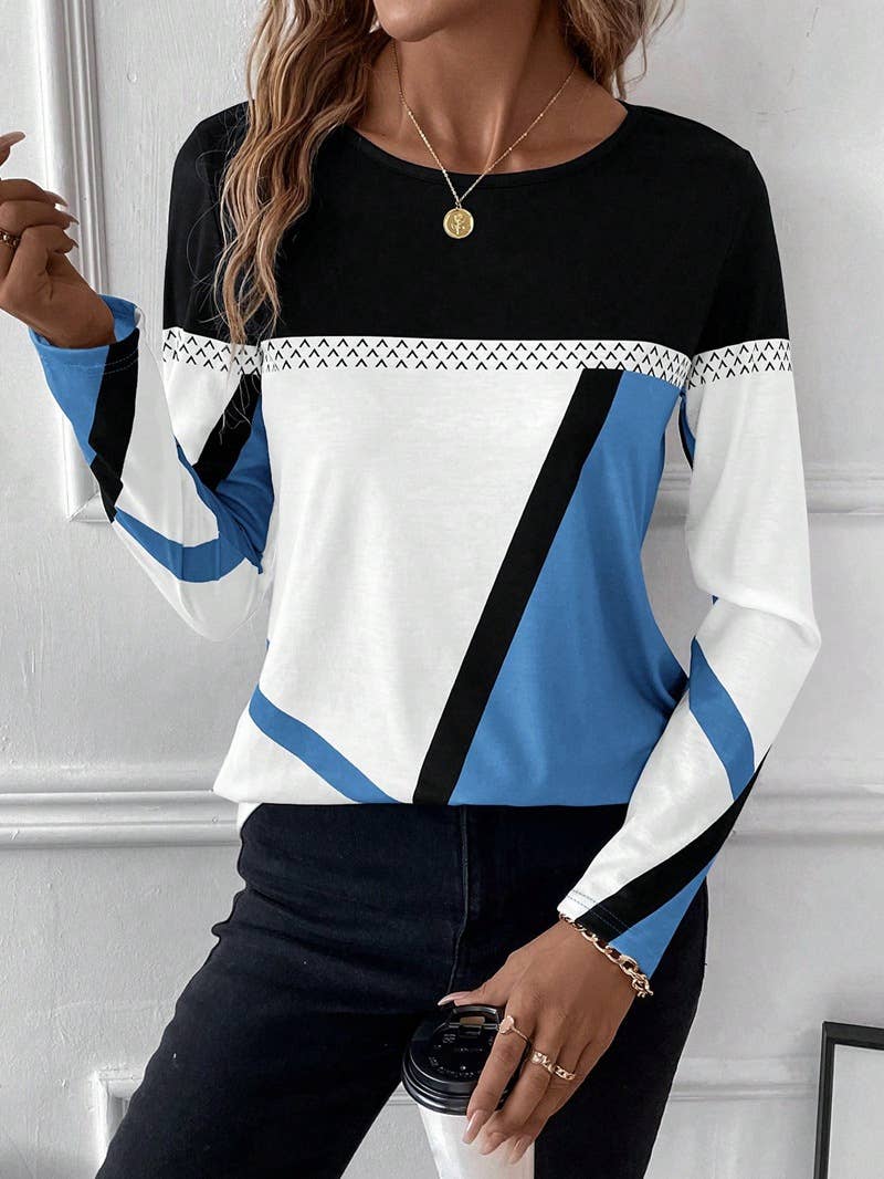 Round-neck color-blocking geometric print top