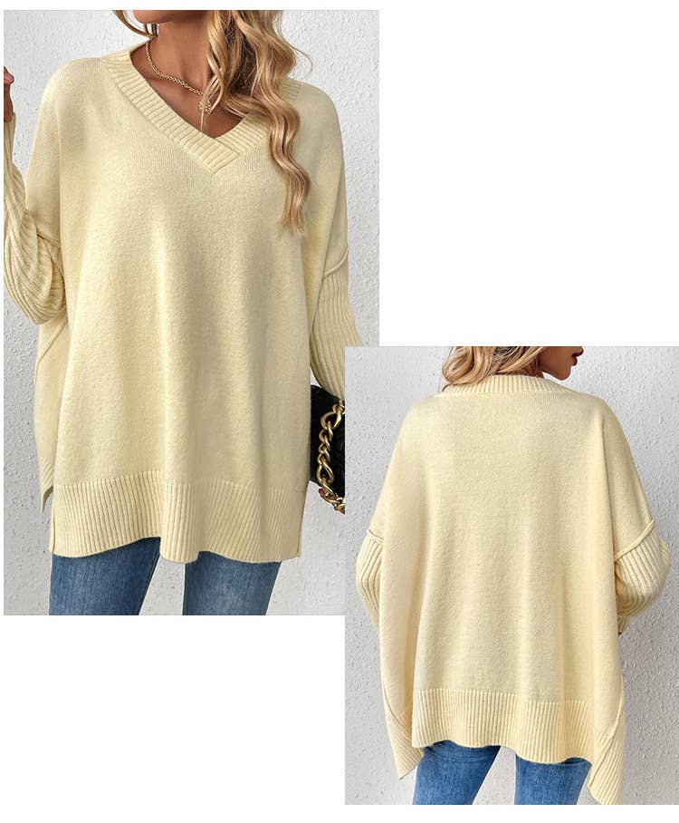V-neck casual patchwork long-sleeved sweater