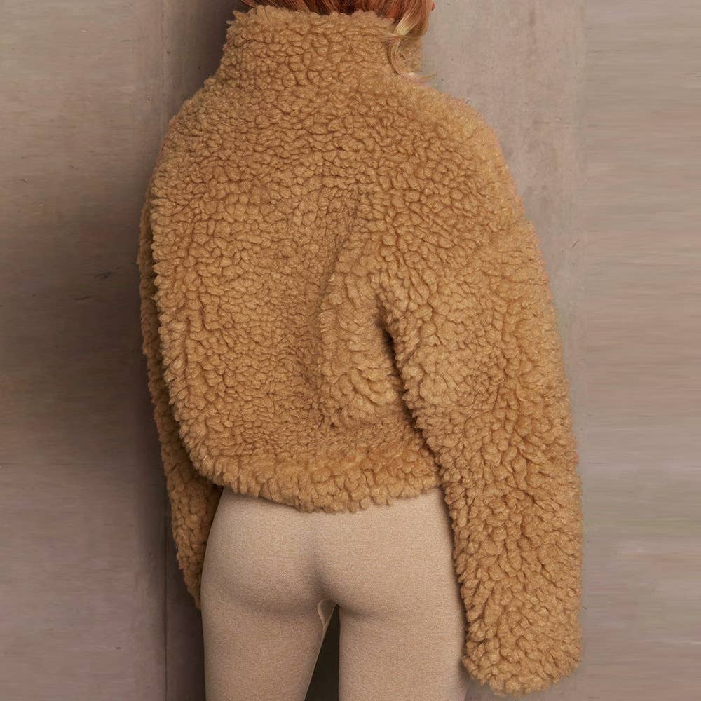 STAND-UP COLLAR ZIPPER PLUSH SOLID COLOR COAT