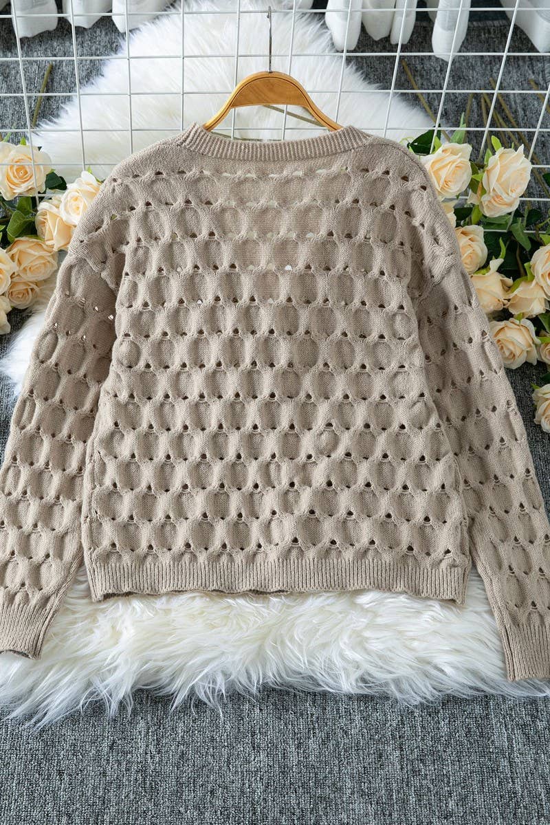 CWOCAL00707_LIGHTWEIGHT VINTAGE V NECK HOLLOW OUT CARDIGAN