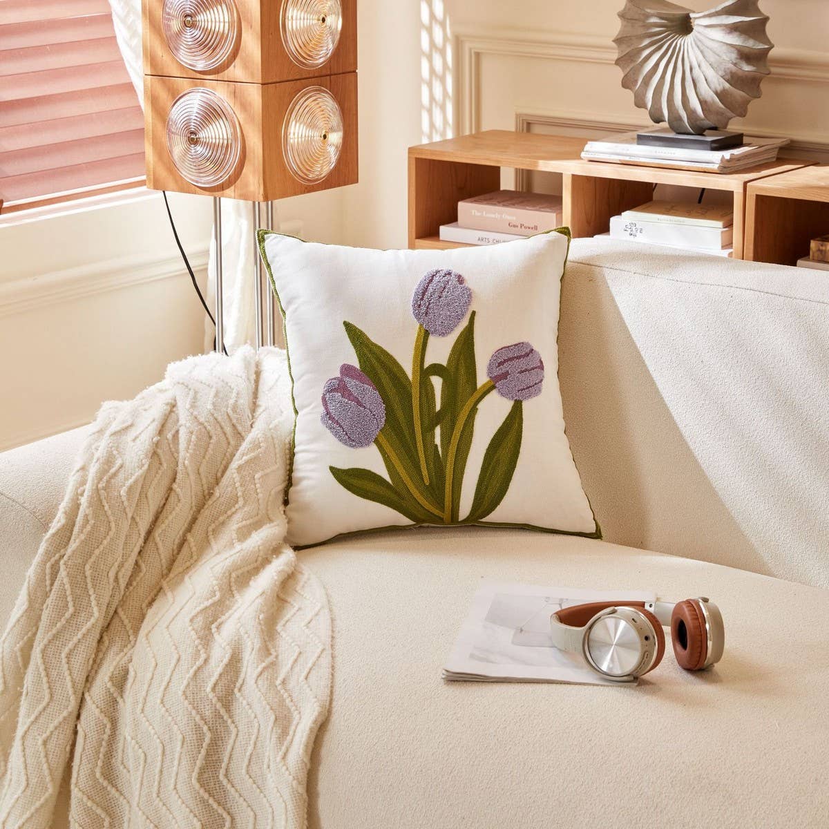 Pink Tulip Embroidered Sofa Pillow Cover_CWMM7706