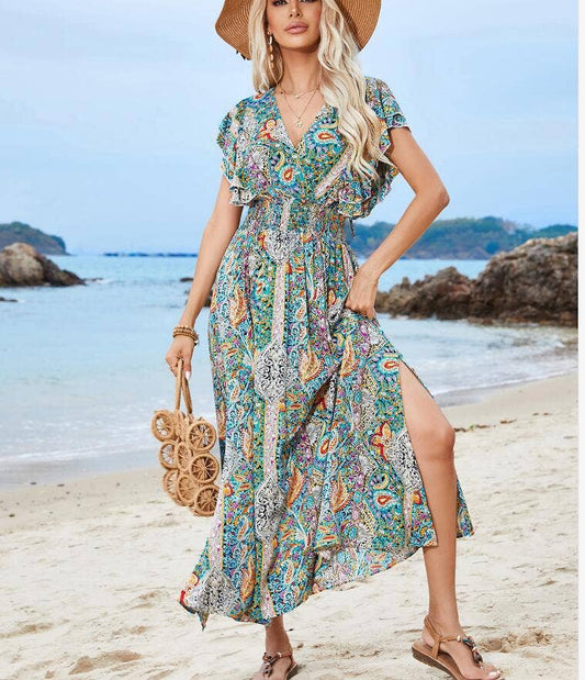 Printed peplum short sleeve split holiday dress