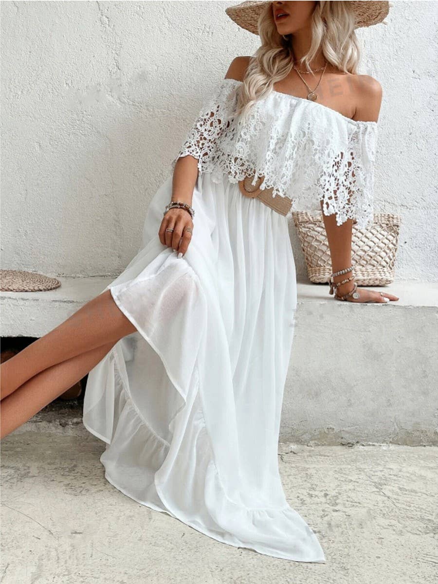 Off-the-shoulder lace patchwork ruffled dress