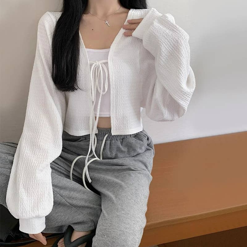 Sheer Puff Sleeve Crop Sun Shirt