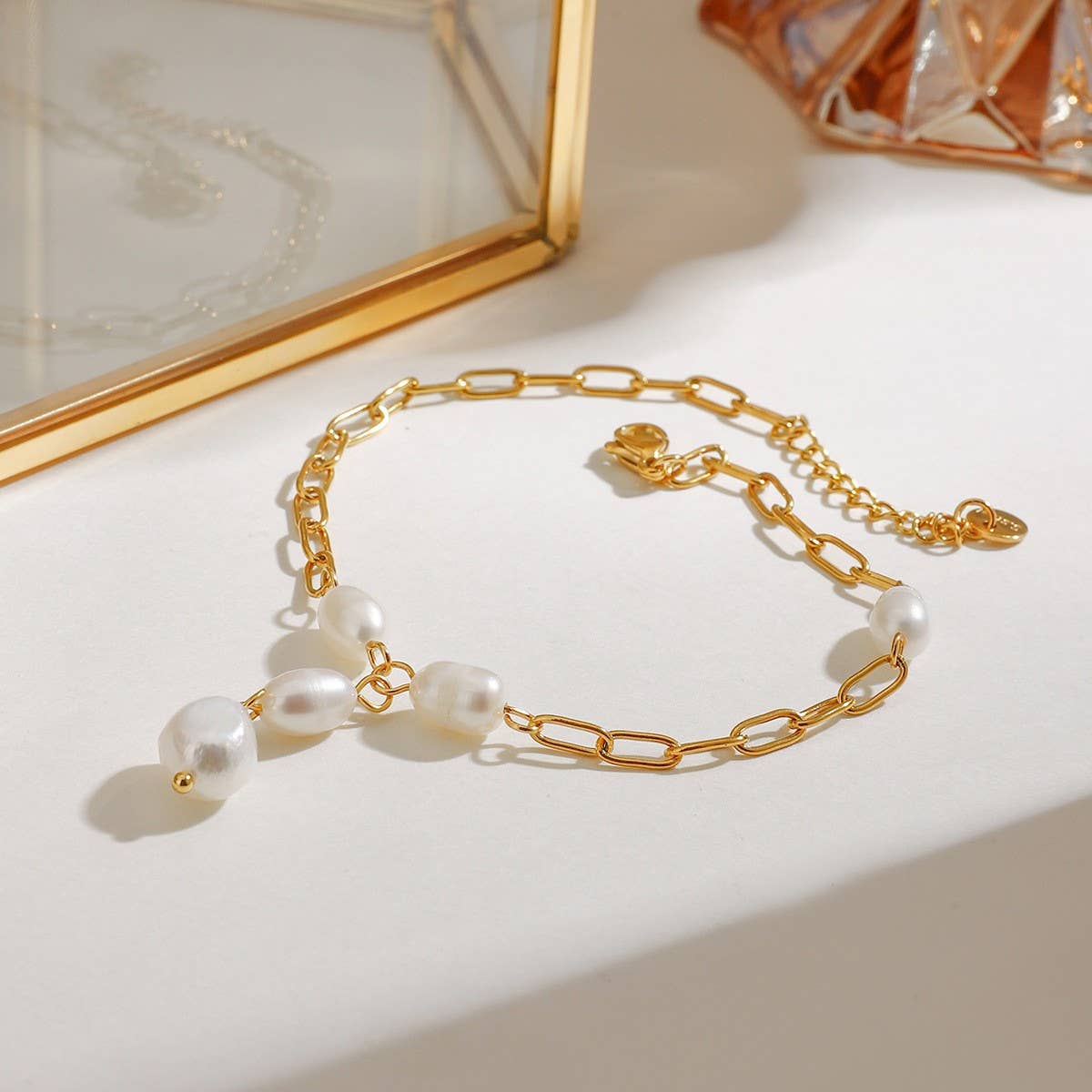 18K Gold Pearl Paperclip Anklet, Stainless Steel_CWAJE4848