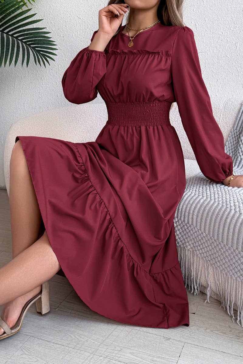 CWDMD6024_SOLID ELEGANT RUFFLE WAIST PLEATED MAXI DRESS