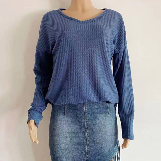V-neck knitted long-sleeved blouse