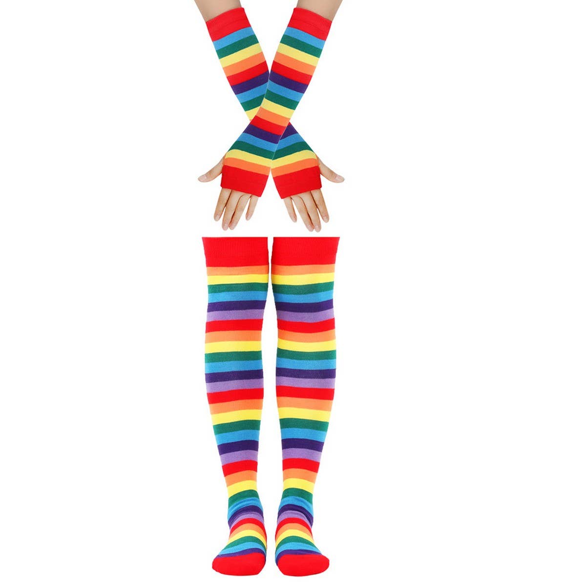 COLORFUL STRIPED KNEE SOCKS AND GLOVES SET