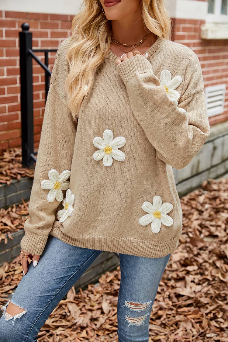 SLOUCHY ROUND NECK FLOWER STEREO CROCHET SWEATER