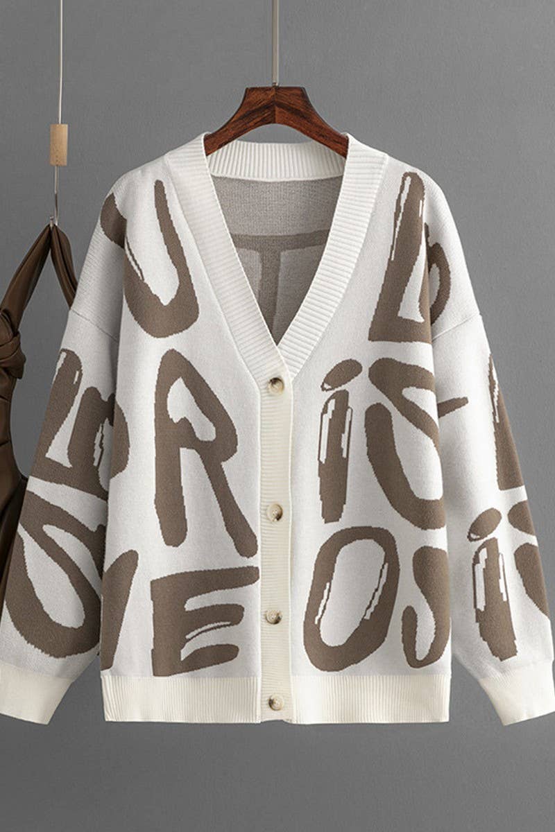 CWOCAL00668_LETTER JACQUARD SINGLE BUTTON KNIT CARDIGAN