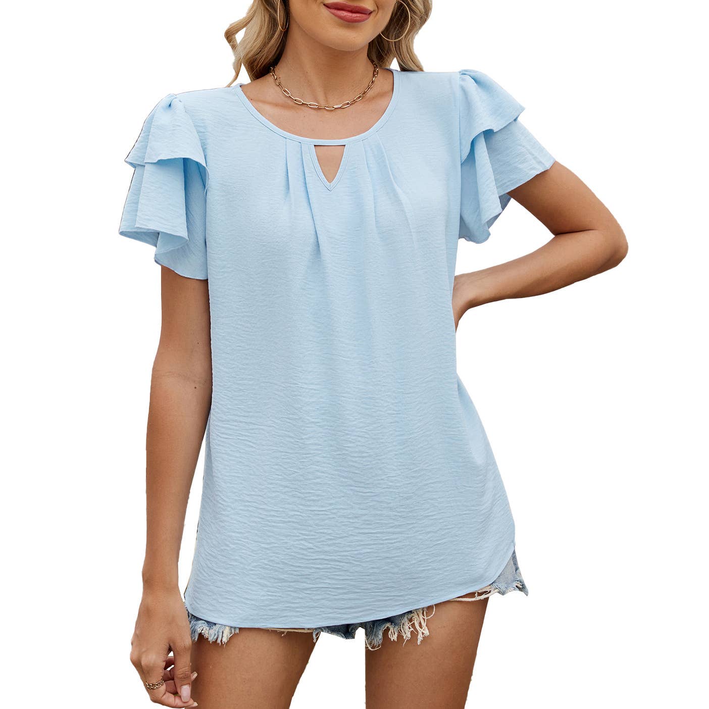 V-neck cutout double-sleeved chiffon T-shirt