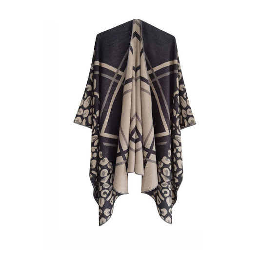 STRIPE STAGGERED MULTICOLOR FRINGED SHAWL CLOAK_CWASC0275