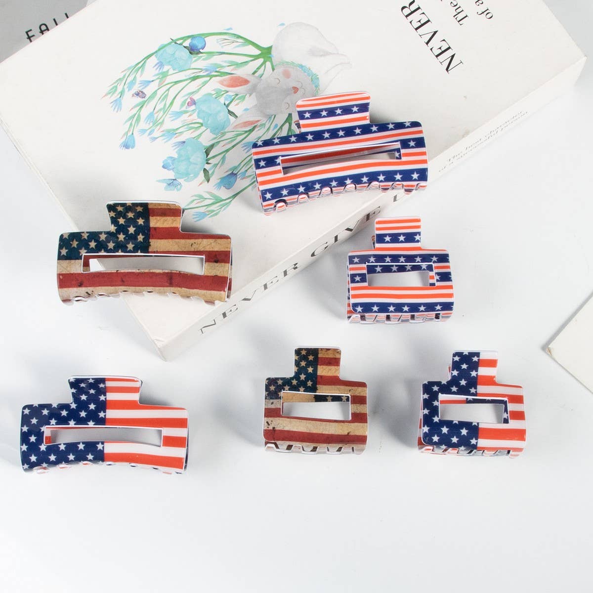 CWAHA1244_4TH OF JULY FLAG 10CM RECTANGULAR HAIR CLAW CLIP