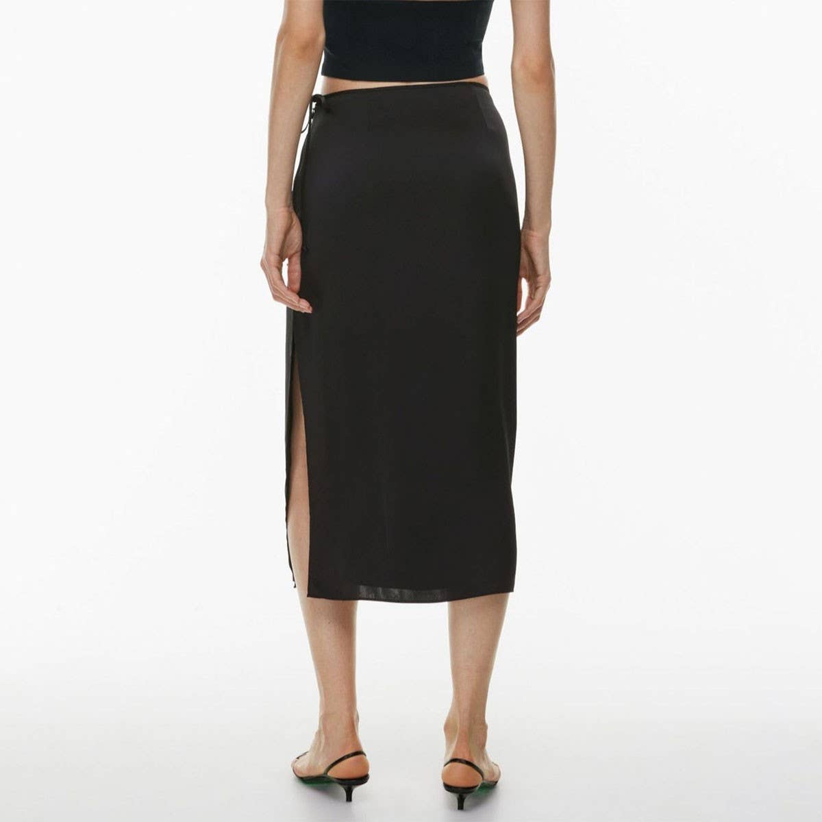 LACE-UP SATIN SKIRT HIGH WAIST SLIT STRAIGHT SKIRT_CWBSS0416