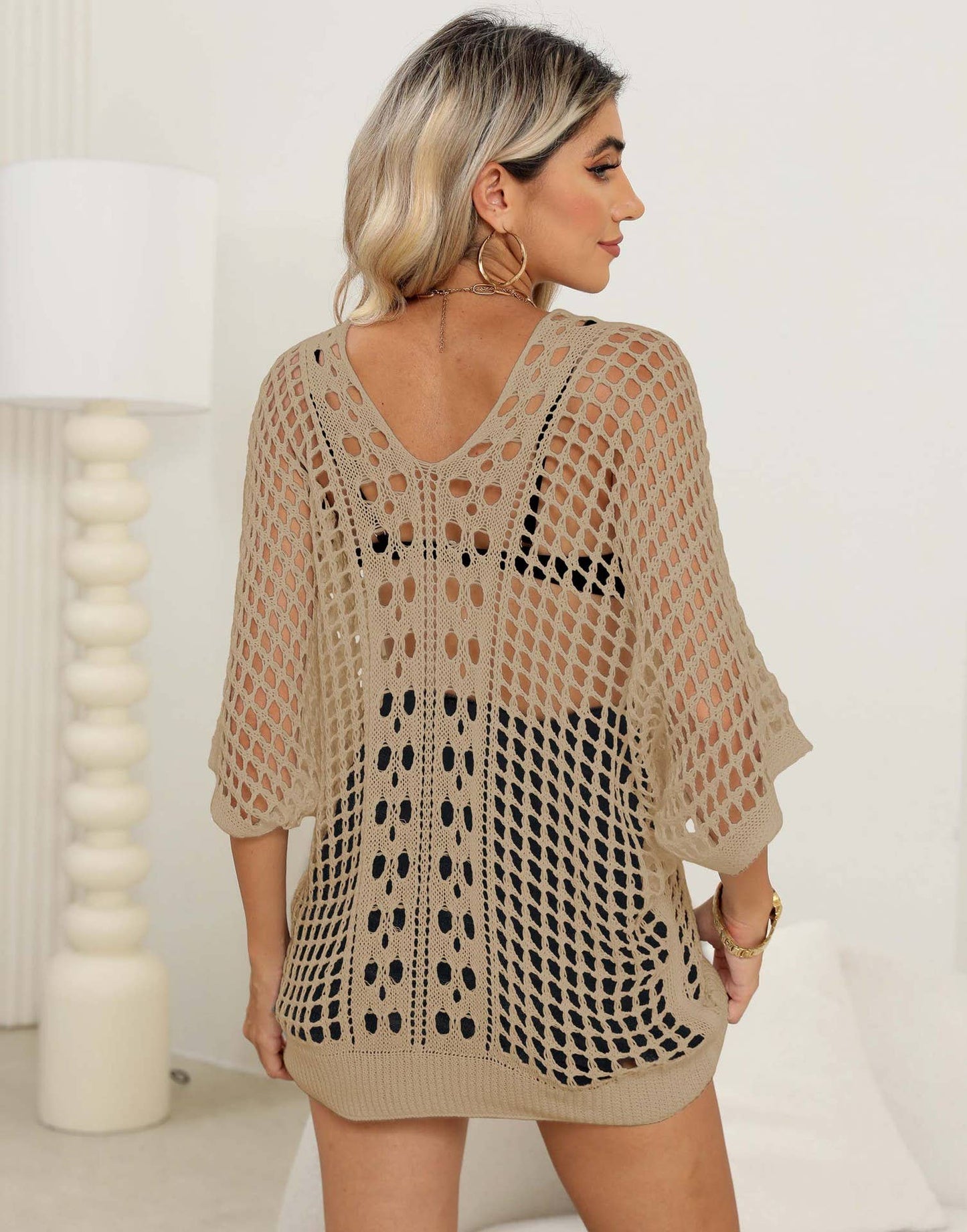 CUT-OUT WOVEN BAT-SLEEVE LOOSE CASUAL TOP