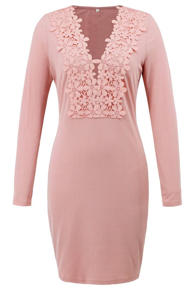 CWDSD6458_SOLID COLOR V-NECK HIP-HUGGING LACE RIBBED DRESS