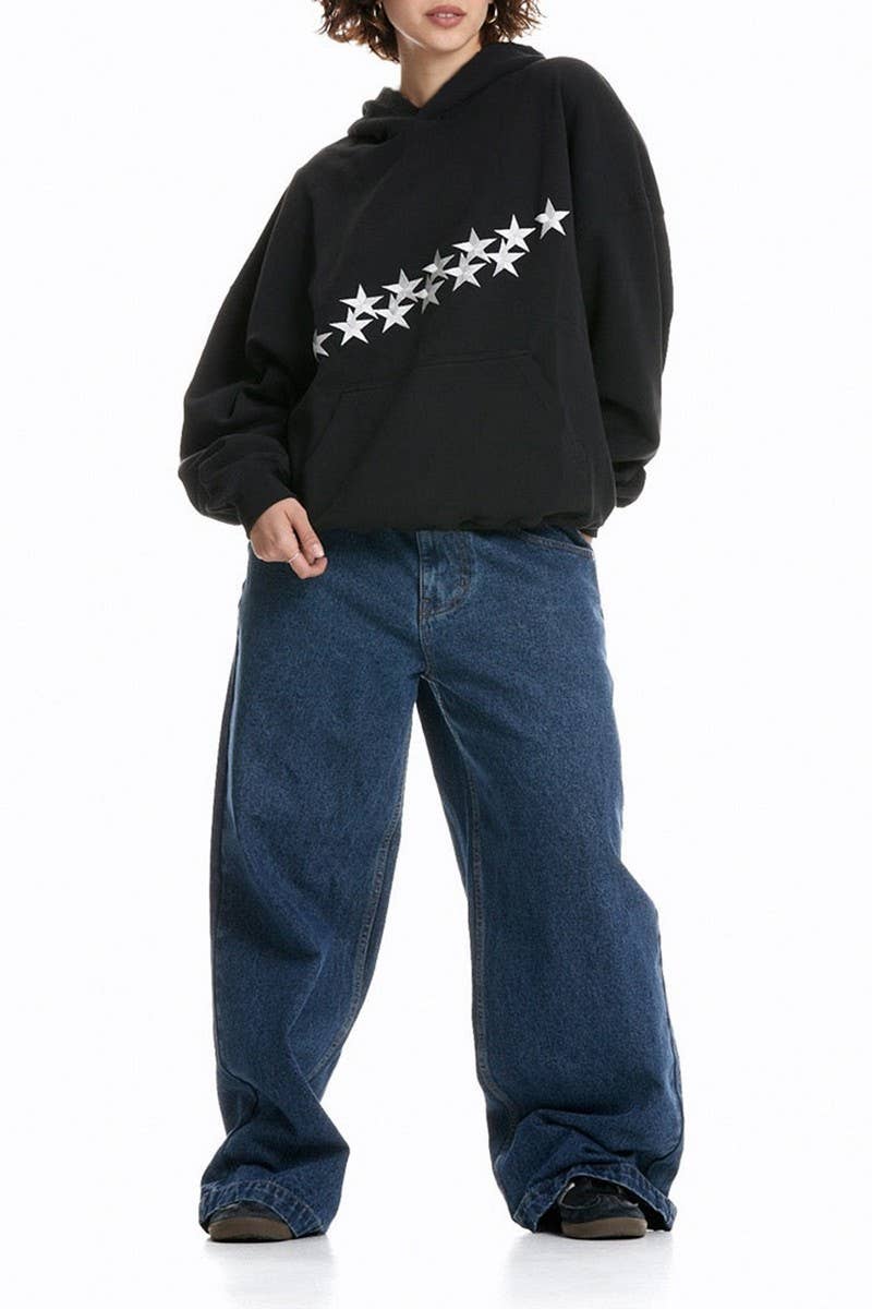CWOHOL1115_STAR LETTER EMBROIDERED STREETWEAR UNISEX HOODIE