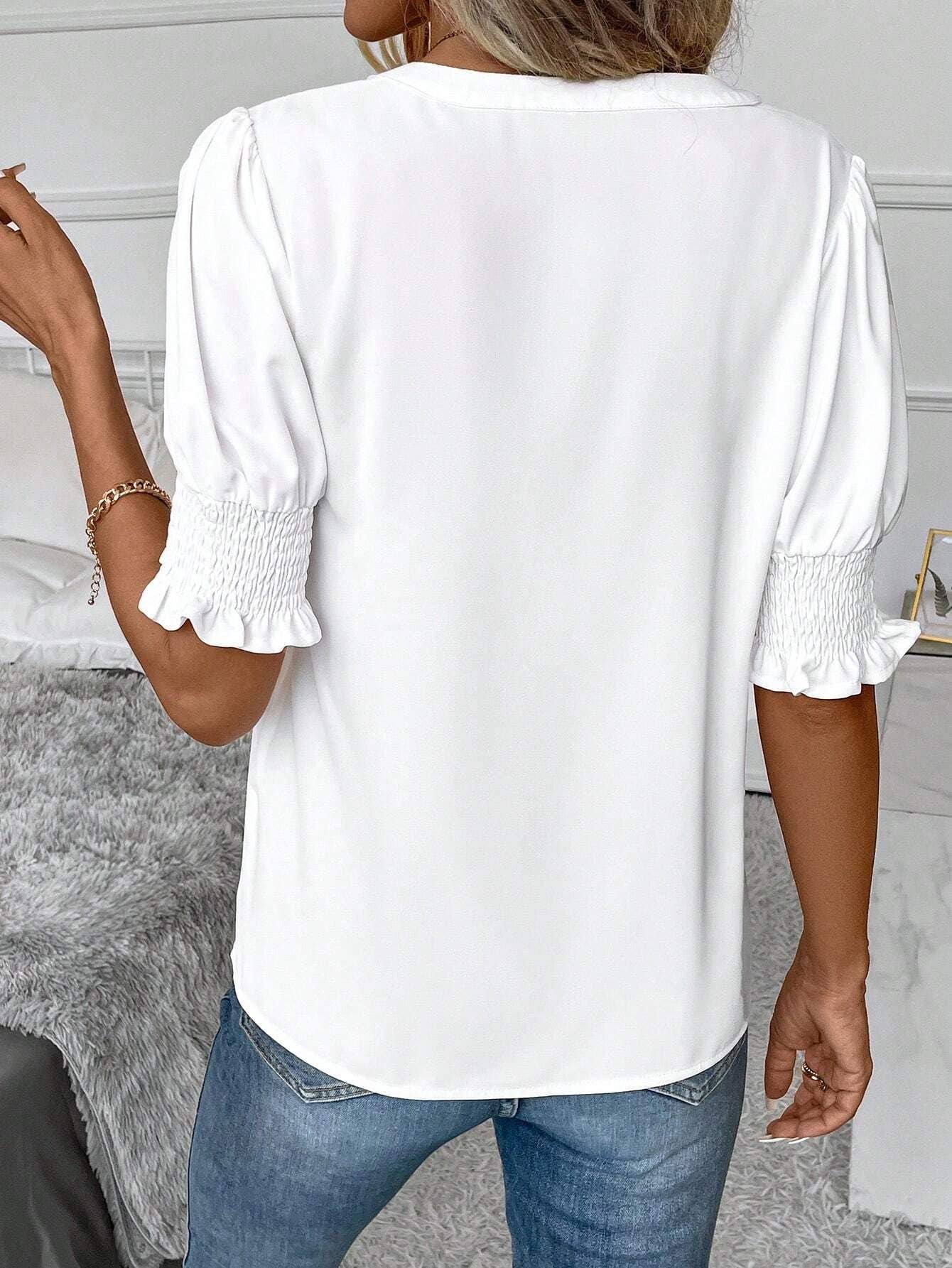 V-neck temperament puffy sleeve loose shirt