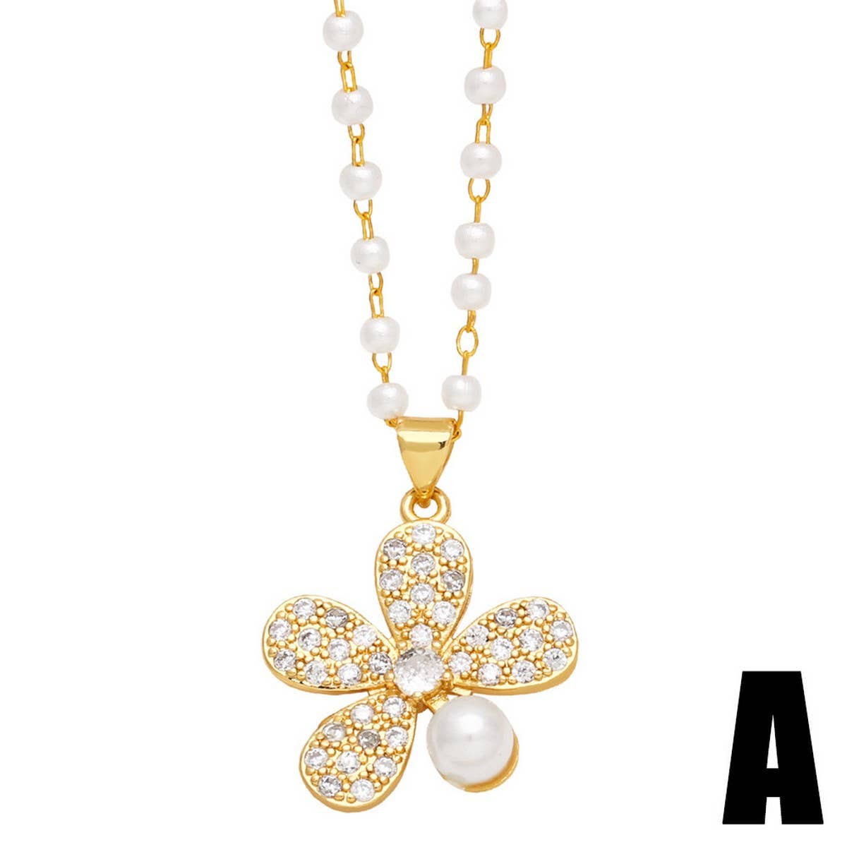 FASHIONABLE DIAMOND INLAID FLOWER PEARL NECKLACE